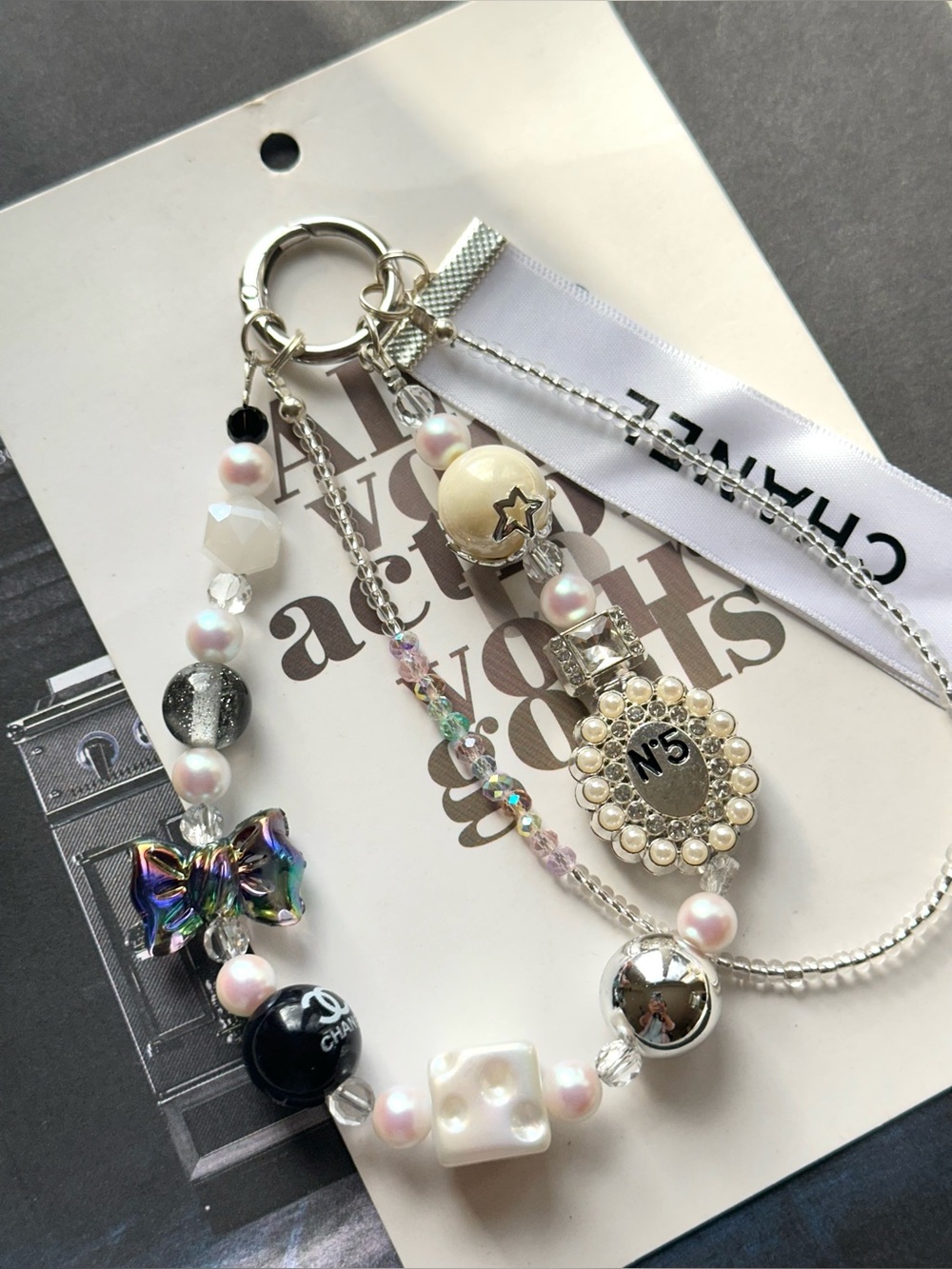 Authentic CC Ribbon & Camellia White & Black Pearl Perfume bottle No5 Bag Charm